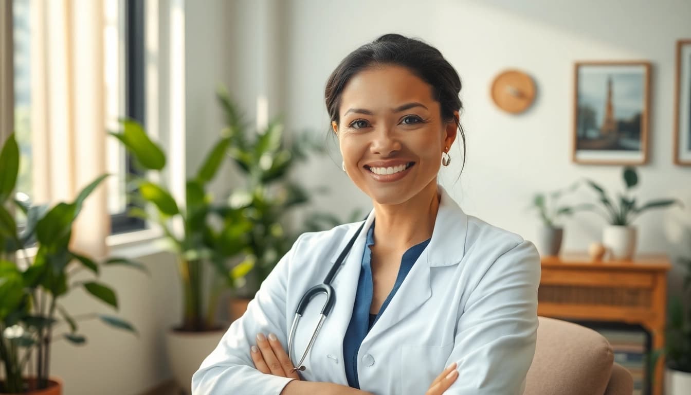 Engaging therapist promoting mental wellness in a calming environment.