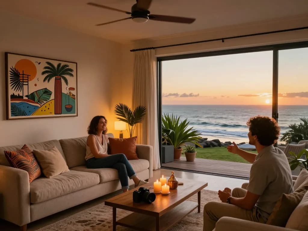 Airbnb management Cape Town scene with cozy living room, ocean views, and welcoming host.