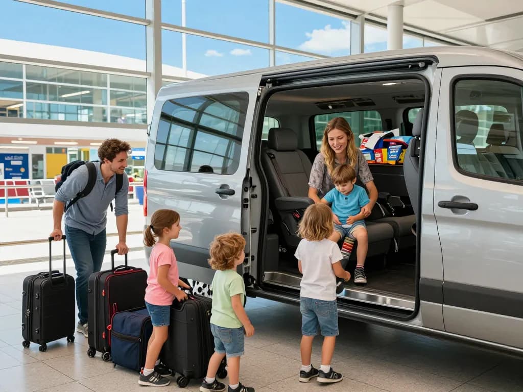 Family unloading luggage from minibus at Leeds airport, showcasing taxi rate options for a stress-free journey.