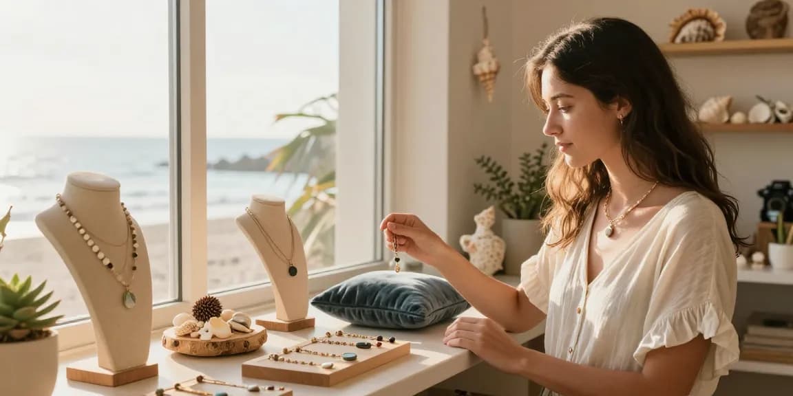 Sustainable jewellery UK collection displayed in a charming boutique, featuring ocean-inspired designs.