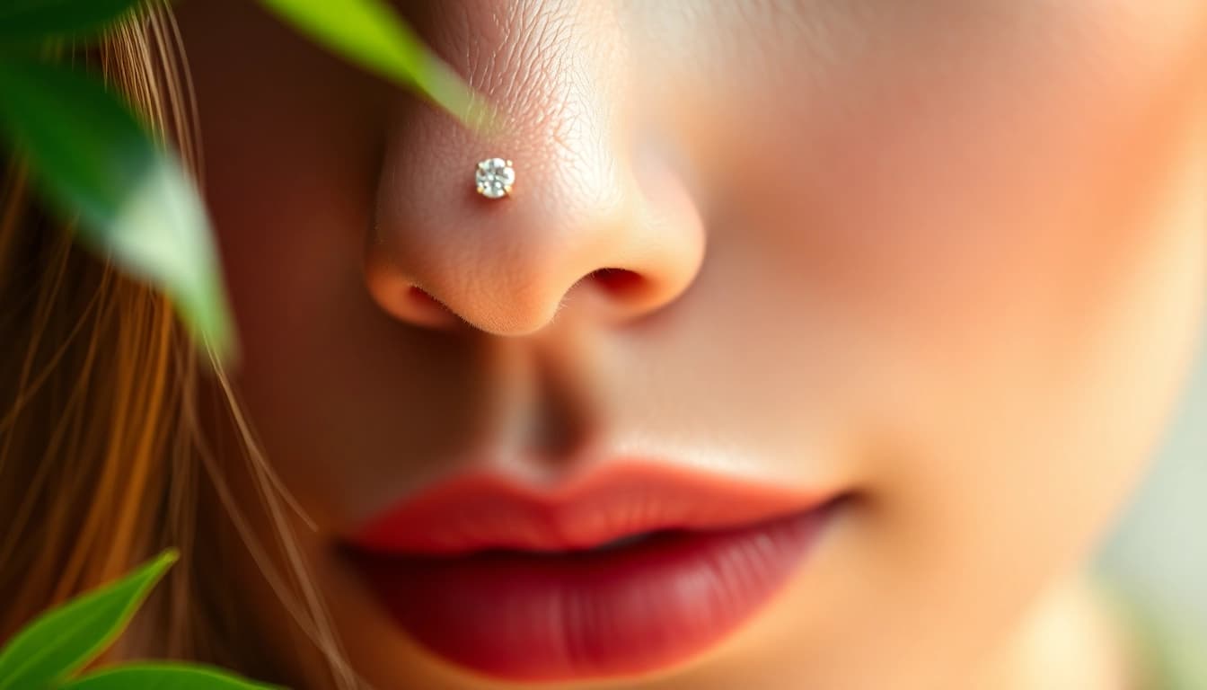 Showcasing a diamond nose stud, highlighting its elegant design and sparkle.