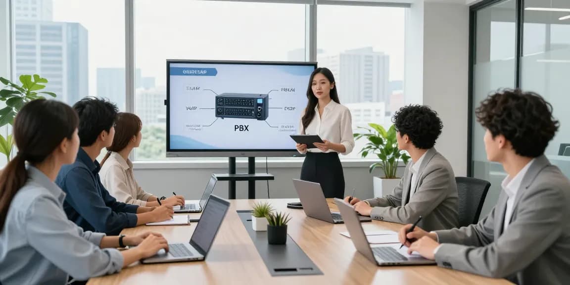 Team collaborating on business telephone systems solutions in a modern office environment.