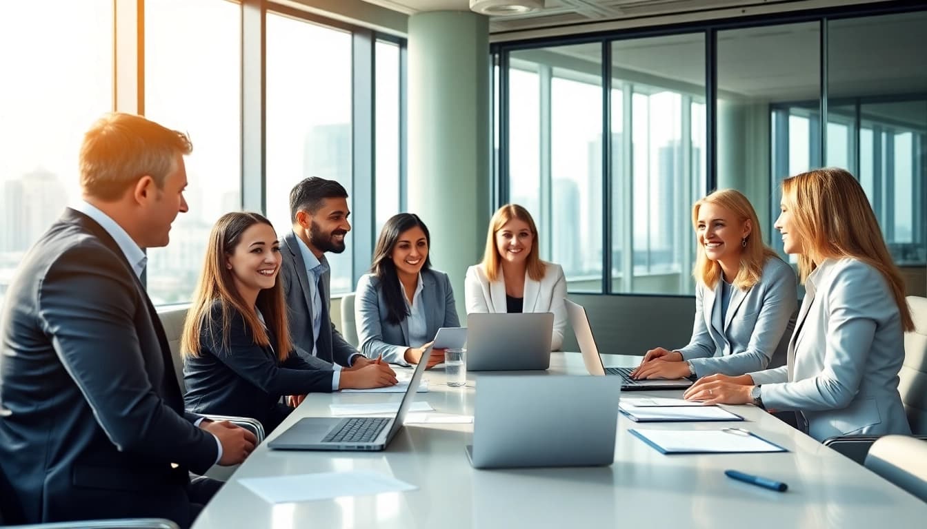 Engaging discussion on pre-post award compliance among diverse consultants in a bright office.
