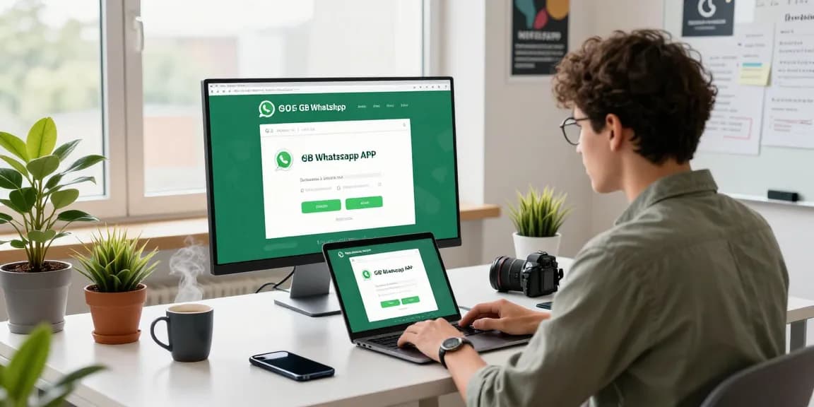 gb whatsapp download on a laptop in a modern office