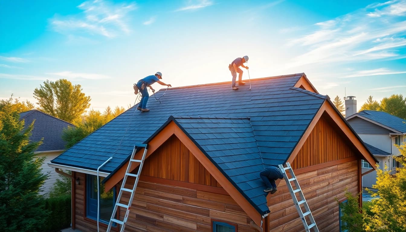 Roofing company professionals installing shingles on a residential roof with teamwork and precision.