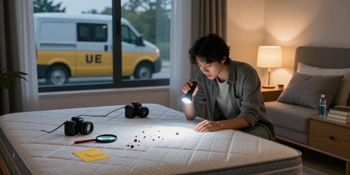 Inspecting a mattress for bed bugs using tools in a cozy bedroom focused on bed bug pest control.