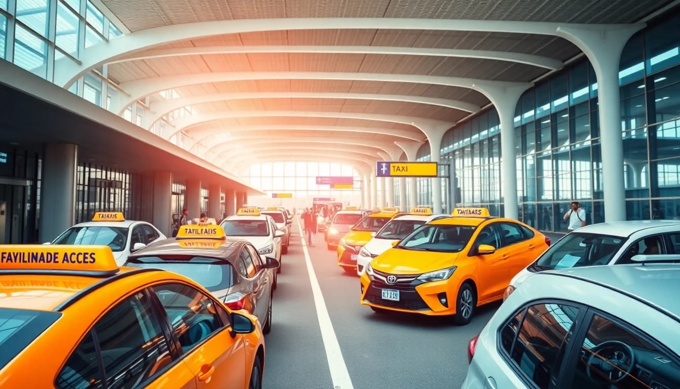 City airport scene with vibrant taxis and modern architecture enhancing travel accessibility.