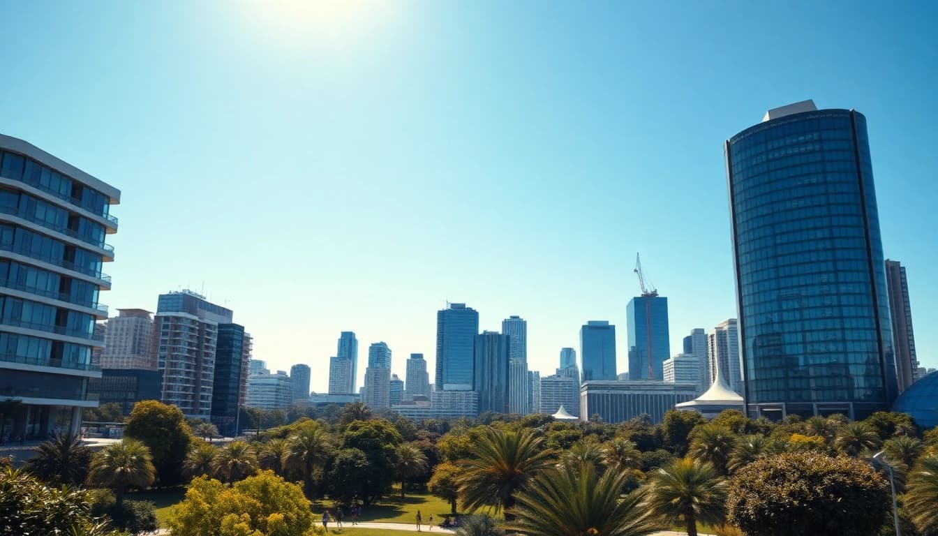 Experience vibrant urban life in Australia with a modern skyline and lush greenery.