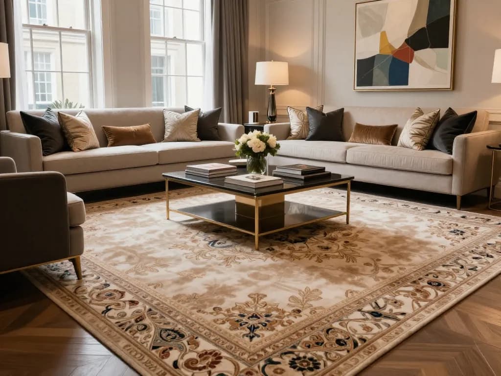 Luxury carpets London in a stylish living room, featuring elegant textures and warm lighting.