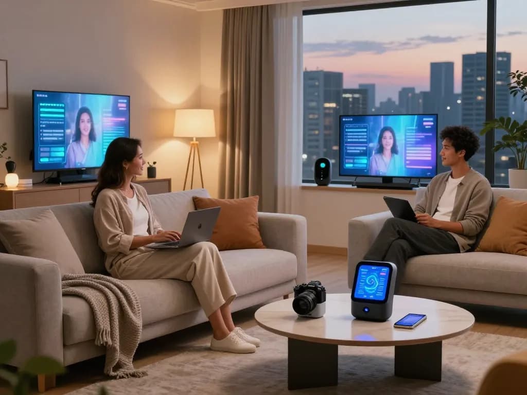 Couple engaging with AI-driven intimacy devices in a modern living room, reflecting evolving dynamics of sex ai.