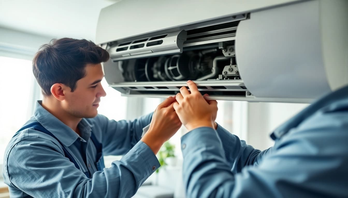 AC Repair Tampa technician fixing an air conditioning unit indoors, demonstrating expertise and professionalism.