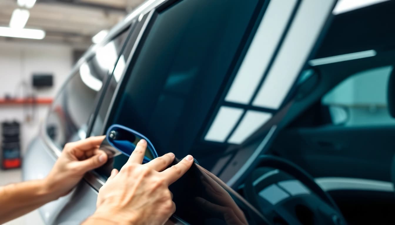 Apply window tint Chattanooga with precision in a bright garage setting.