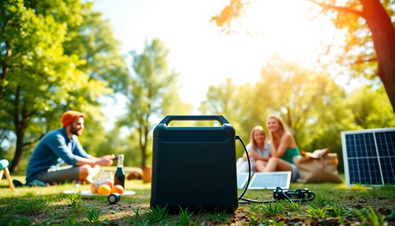EcoFlow portable power station powering a family picnic in a serene outdoor setting.
