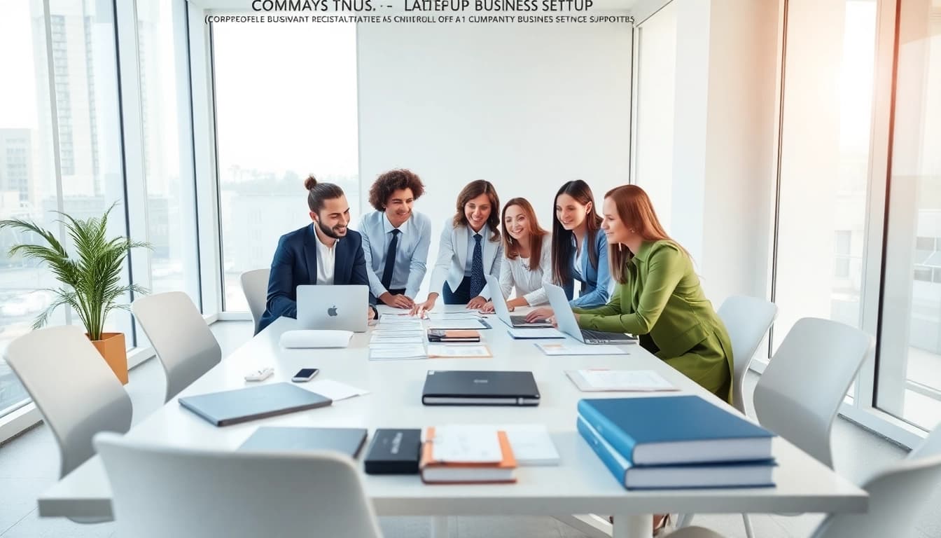 Lawyers for business setup in the US discussing company registration in a modern office.