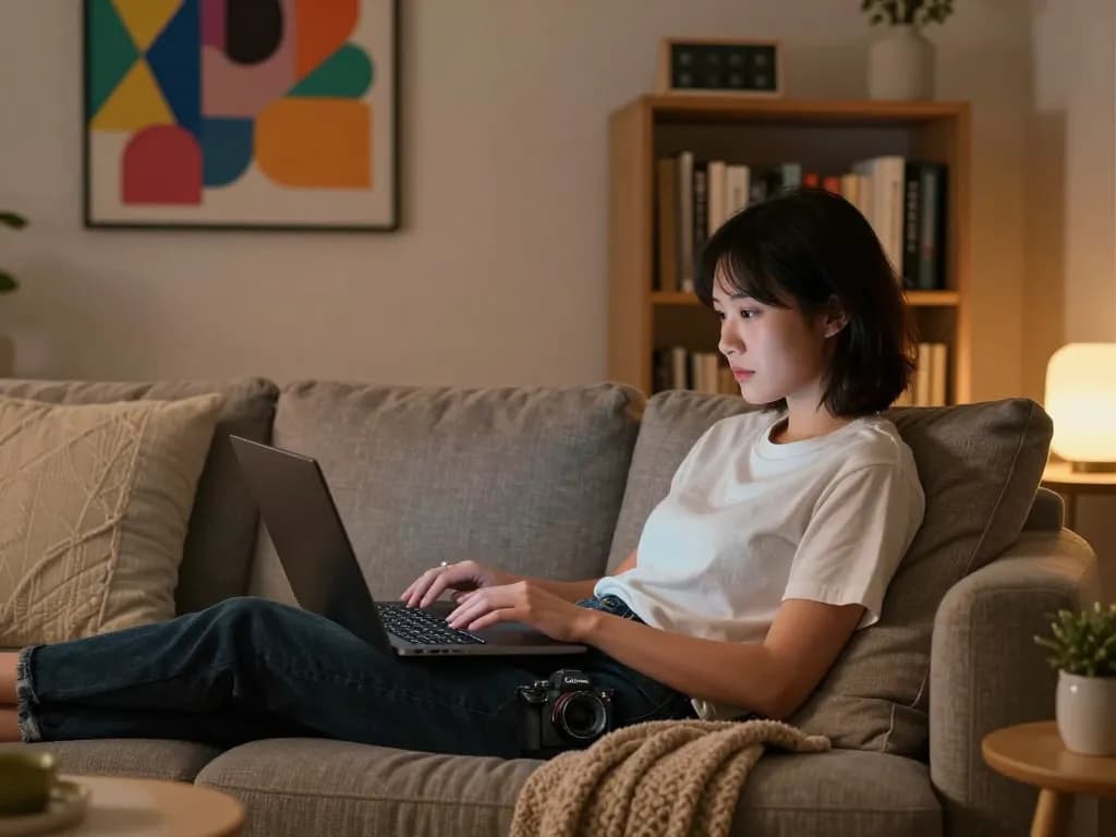 Engaging in nsfw ai chat in a stylish urban living room at night.