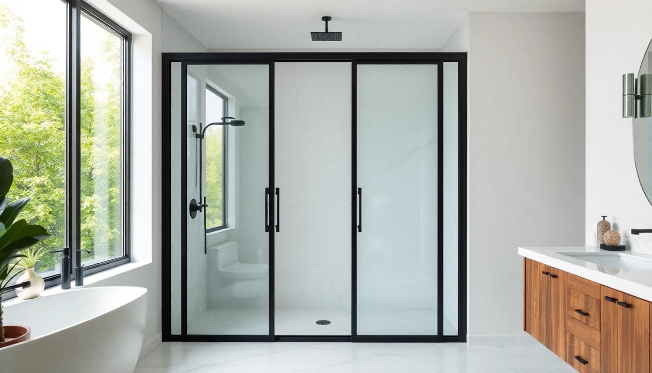 Stylish black frame shower doors enhancing a modern bathroom's elegance and charm.