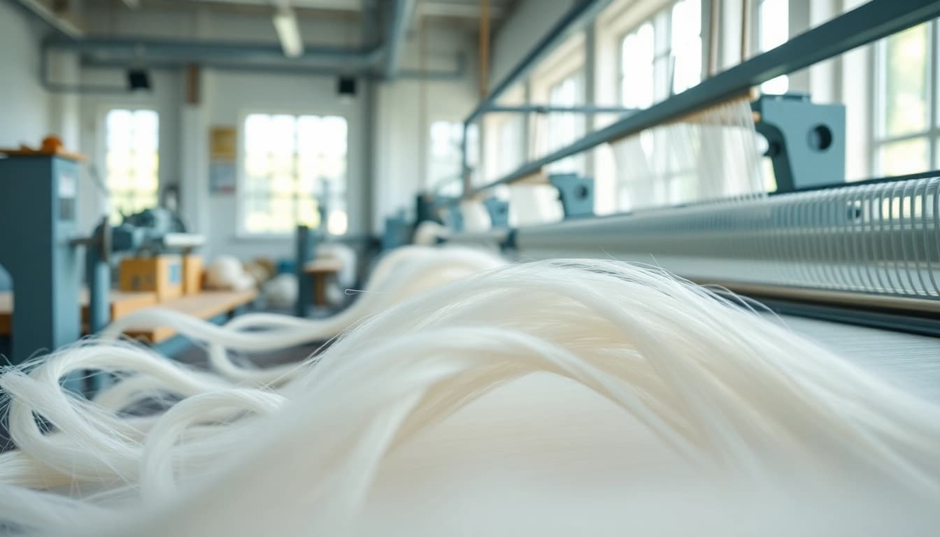 Viscose vezels worden verwerkt tot textiel in een lichte, moderne werkplaats.