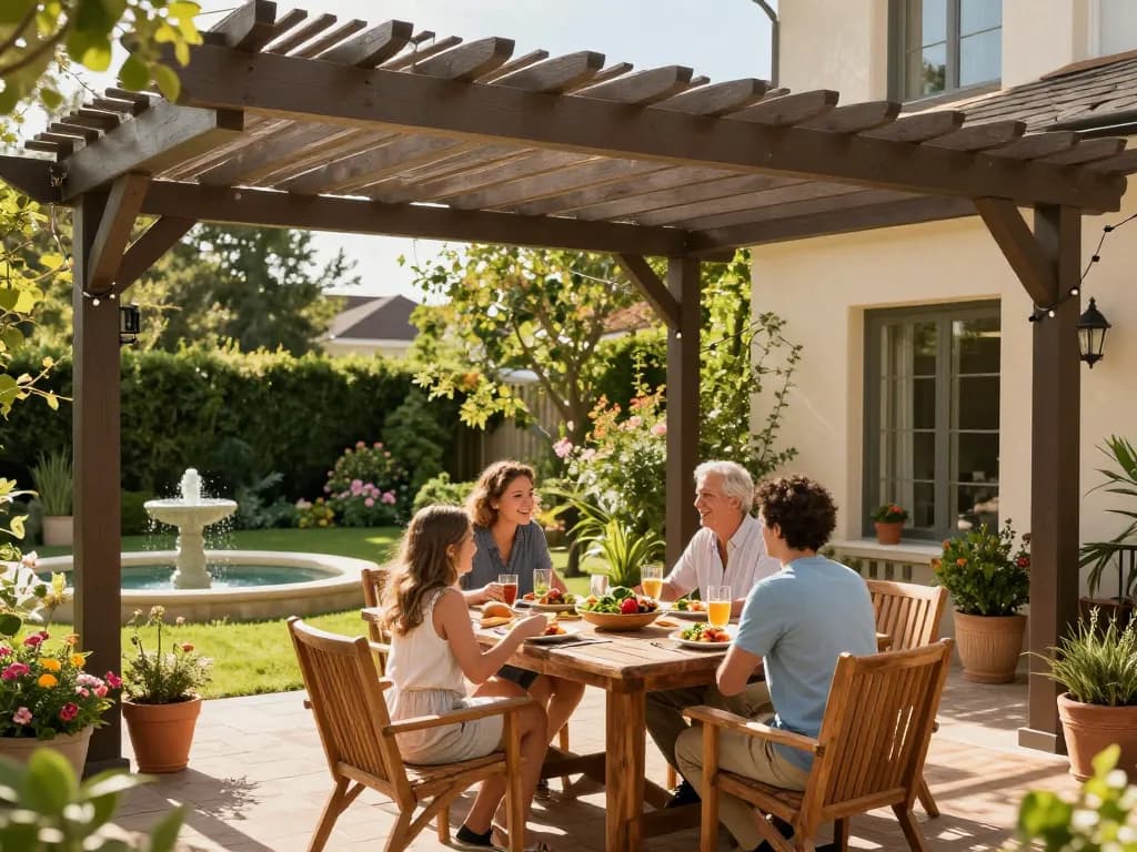Family gathering under a pergola configurator, enjoying outdoor dining with adjustable louvers, surrounded by a lush garden.