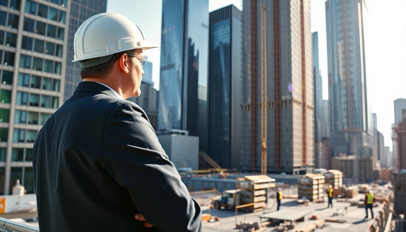New York Construction Manager directing a construction site amidst skyscrapers, showcasing teamwork.
