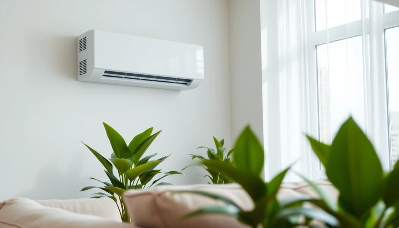 Showcase of a mini split AC system installed in a modern living room, enhancing comfort and design.
