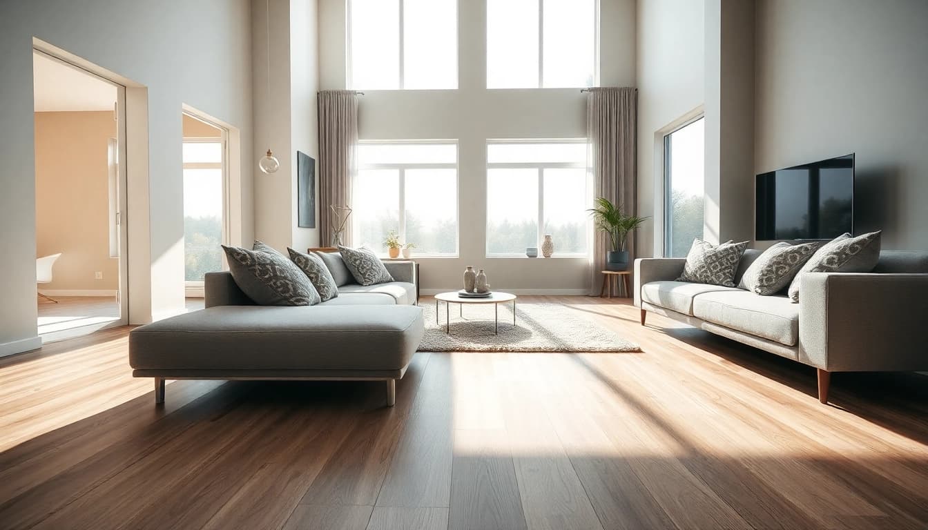 Explore flexible vinyl plank flooring in a beautifully designed modern living room featuring plush decor.