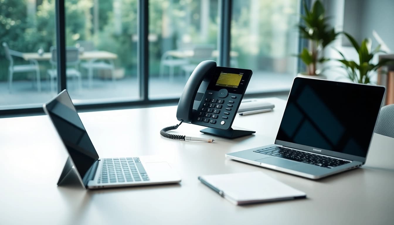 Explore phone systems for small business in a professional office setting with sleek design elements.