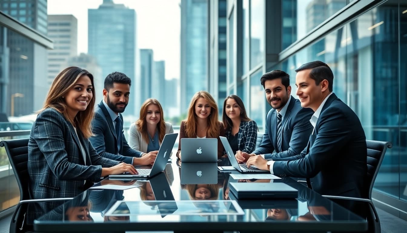 Dedicated team members of a security agency collaborating on innovative solutions in a modern office.