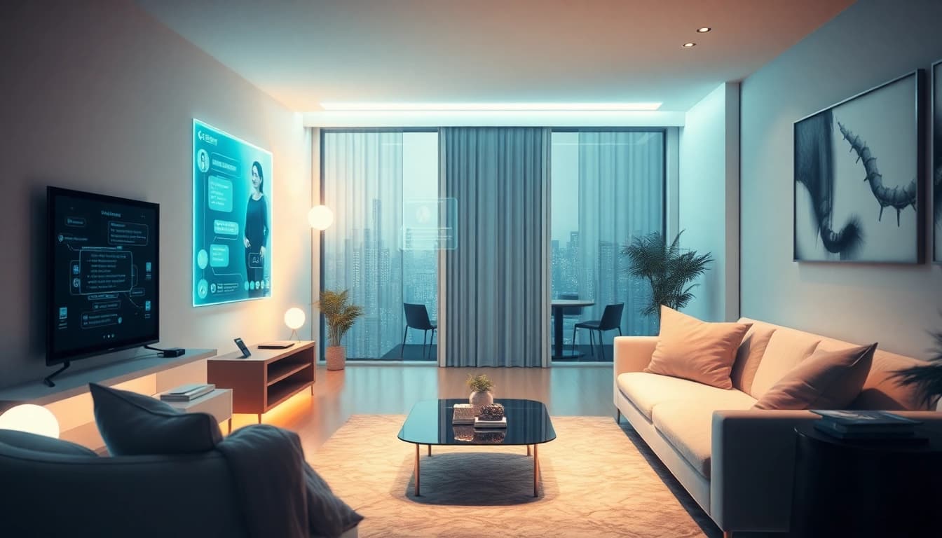 AI girlfriend interacting with a user in a modern, futuristic living space.