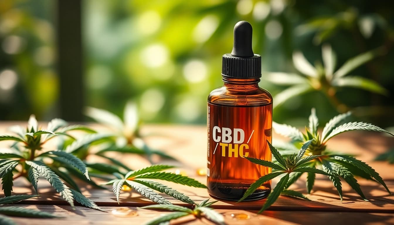 Buy CBD / THC Cannabis Oil UK displayed artistically with fresh cannabis leaves.
