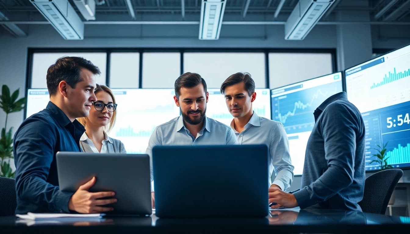 Optimize your SEO Rank with a digital marketing team analyzing data insights in an engaging office.