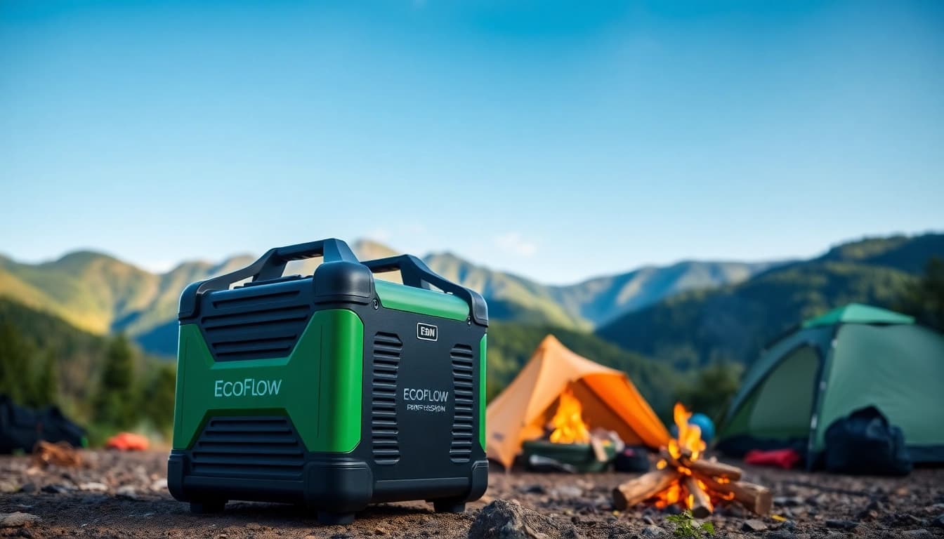 Showcasing EcoFlow power station amidst a beautiful outdoor camping scene