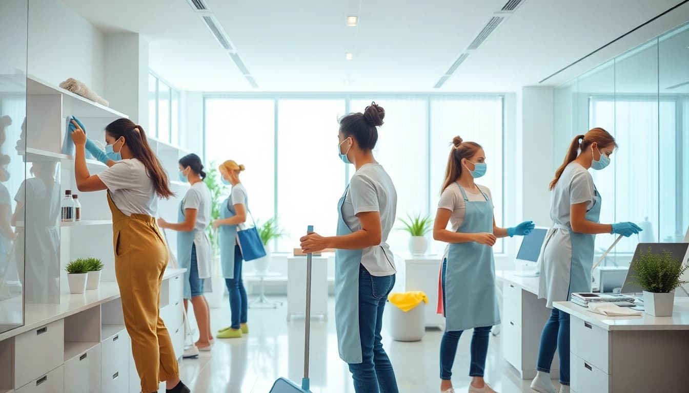 Engaging cleaning services near me team in a modern office setting, showcasing professionalism and teamwork.