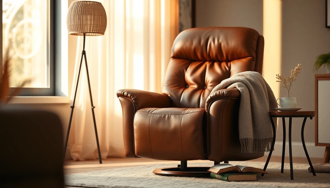 Comfortable leather lift chair in a cozy living room promoting relaxation and style.