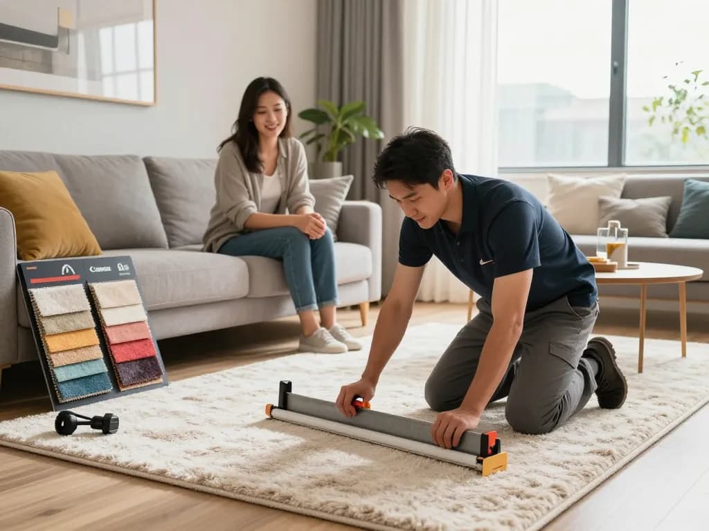 Professional carpet fitters near me installing cozy carpet in a stylish living room.
