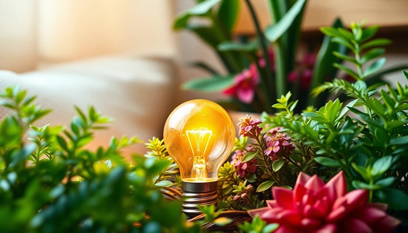 Illuminate your space with a 19 bulb showcasing its warm glow among vibrant houseplants.