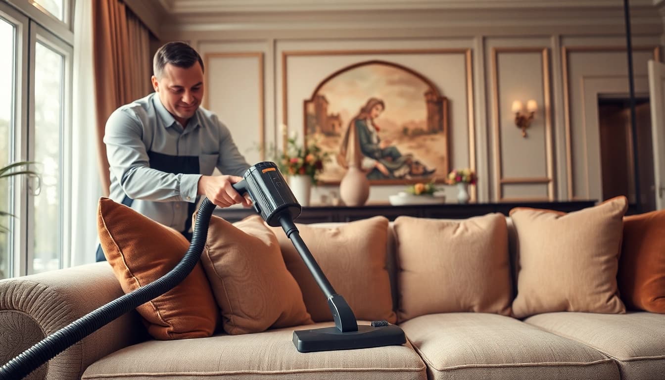 Upholstery cleaning in Glasgow with a technician revitalizing a plush sofa in a stylish living room.