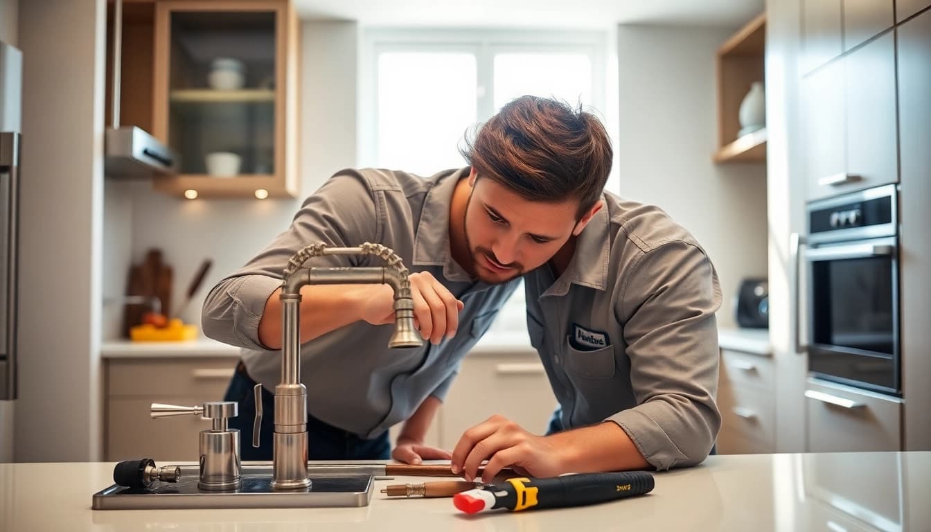 Plumber near me fixing a leaky faucet in a modern kitchen, showcasing expertise and professionalism.
