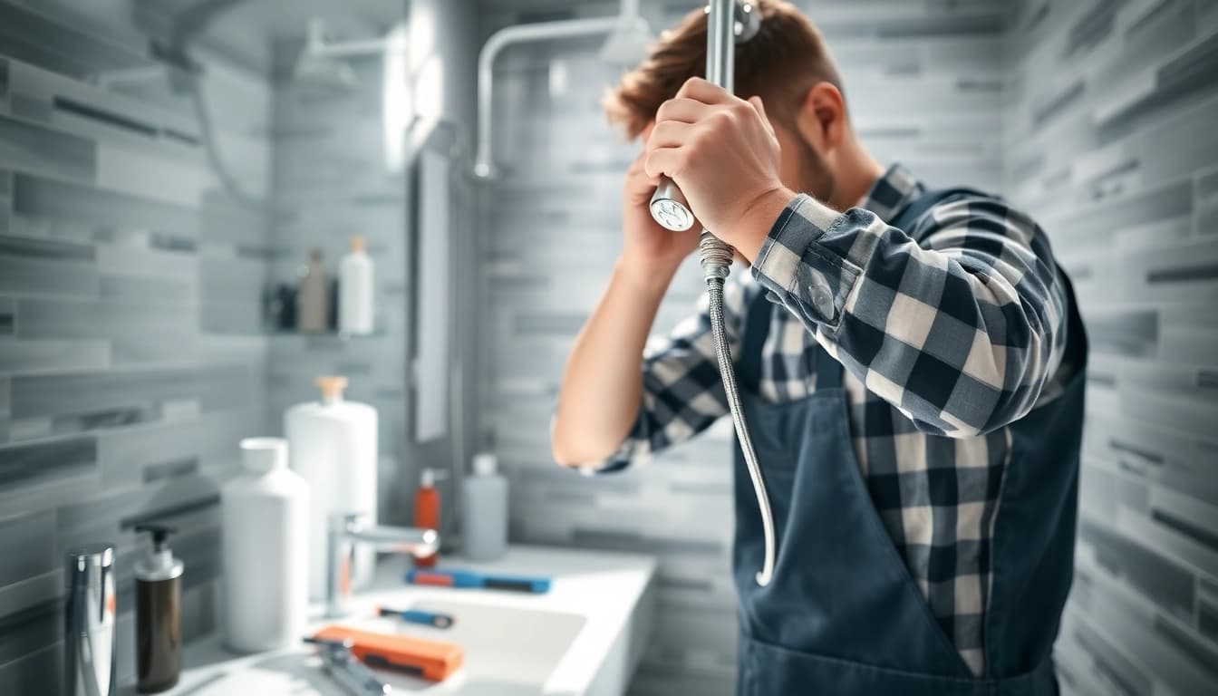 Installateur verwendet sonni sanitär Produkte in einem modernen Badezimmer.