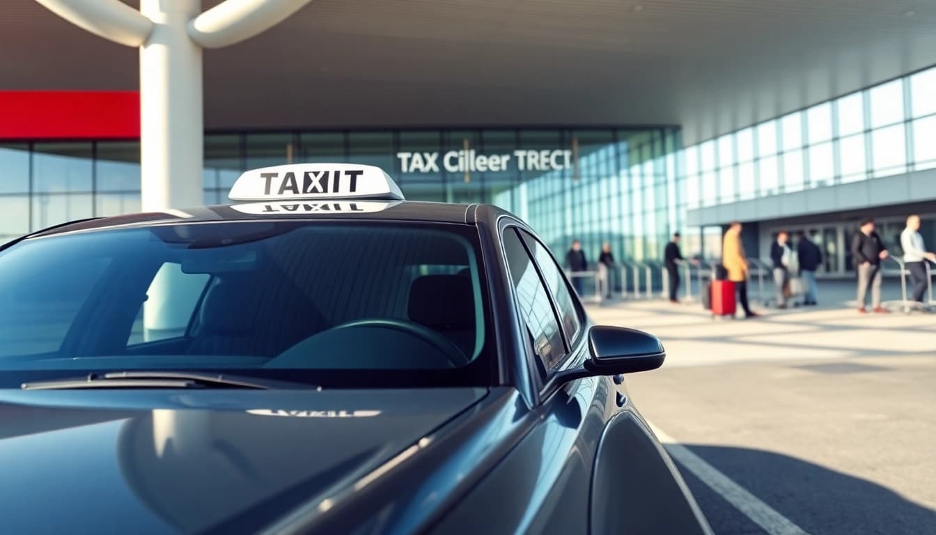 Taxi service outside London City airport, showcasing convenience for travelers.
