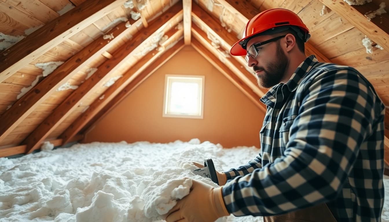 Performing loft spray foam removal in an attic space during a home renovation.