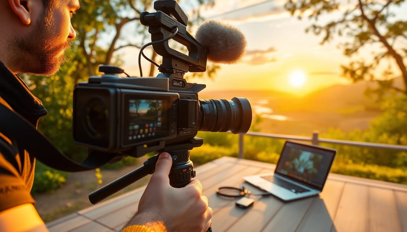 Video capture process with a professional videographer in a picturesque outdoor setting.