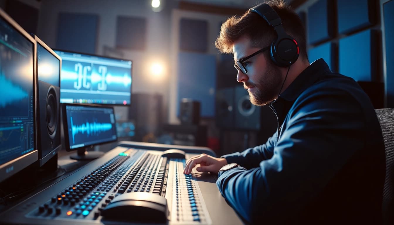 Experienced audio engineer mastering tracks using online audio mastering techniques in a modern studio.