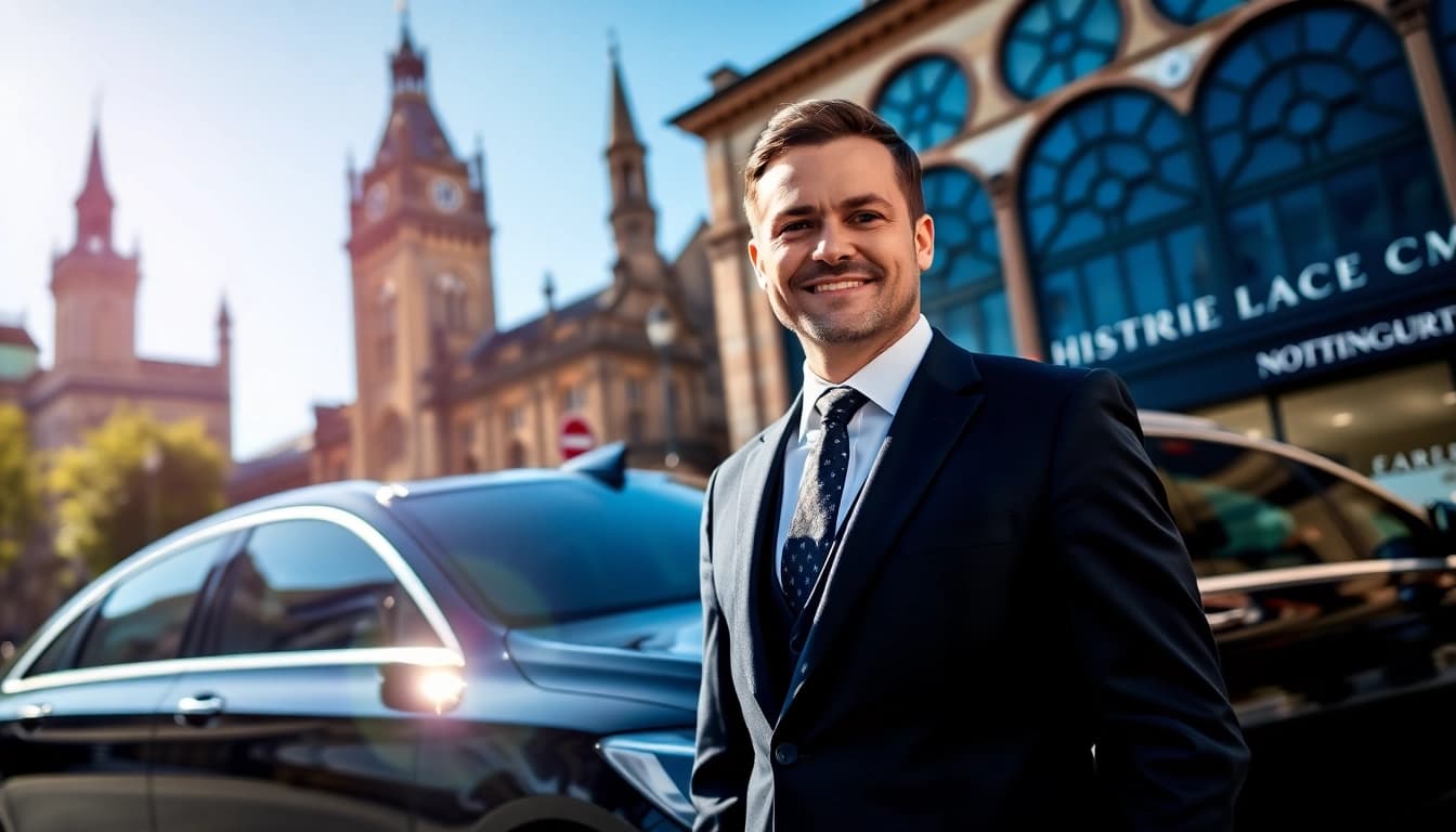 Chauffeur Nottingham warmly greeting a passenger next to a luxury vehicle in Nottingham city.