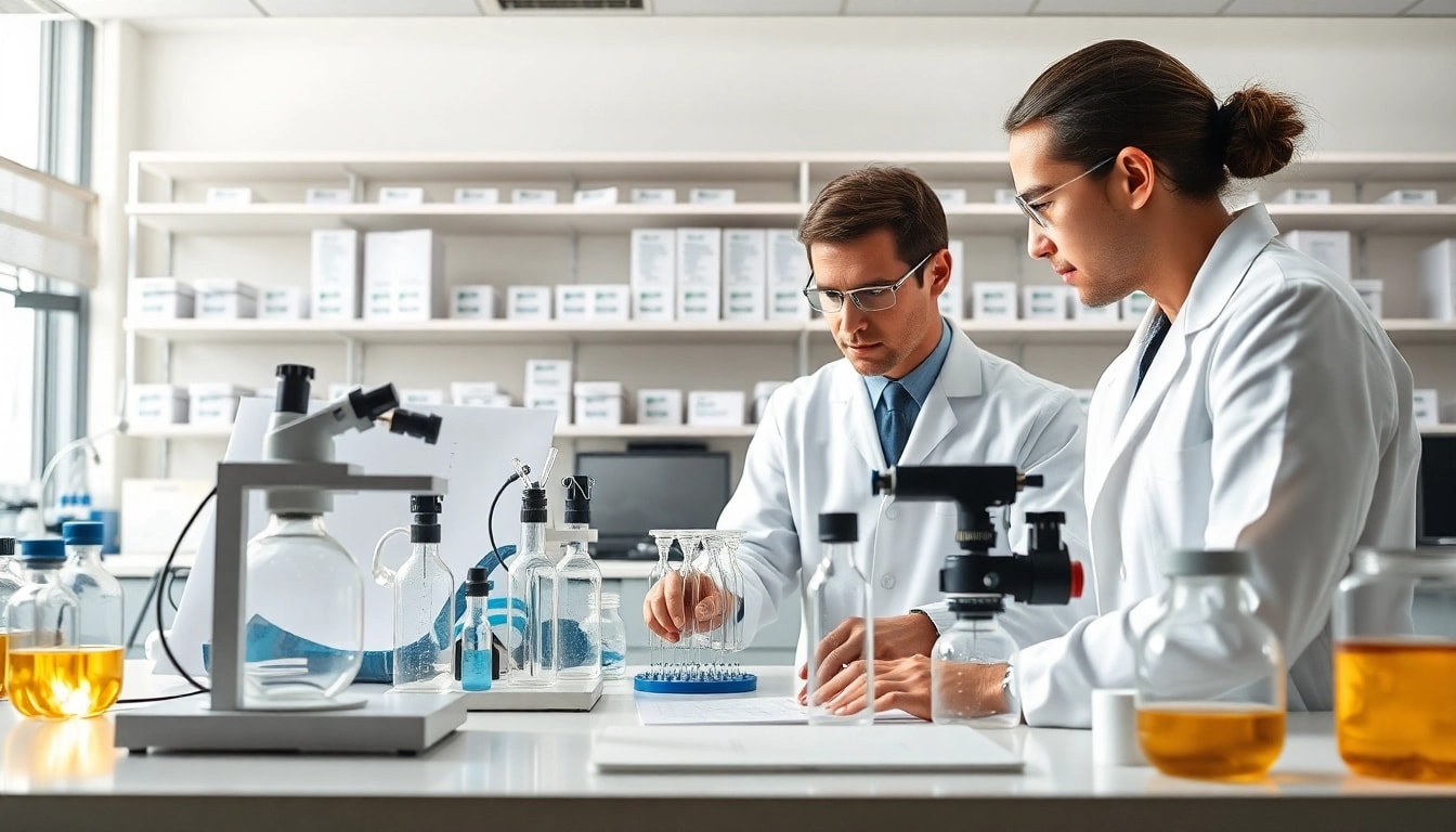 Scientists collaborating in a professional lab on Peptides UK research.