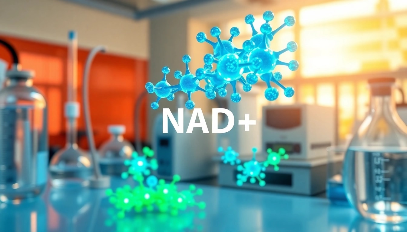 NAD+ molecules highlighted in a professional lab environment, showcasing scientific research.