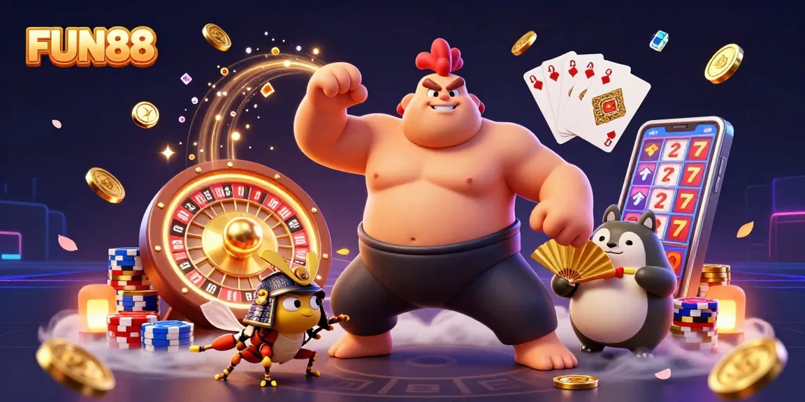 Experience thrilling action at FUN88 with vibrant casino elements and dynamic characters in a captivating 3D scene.