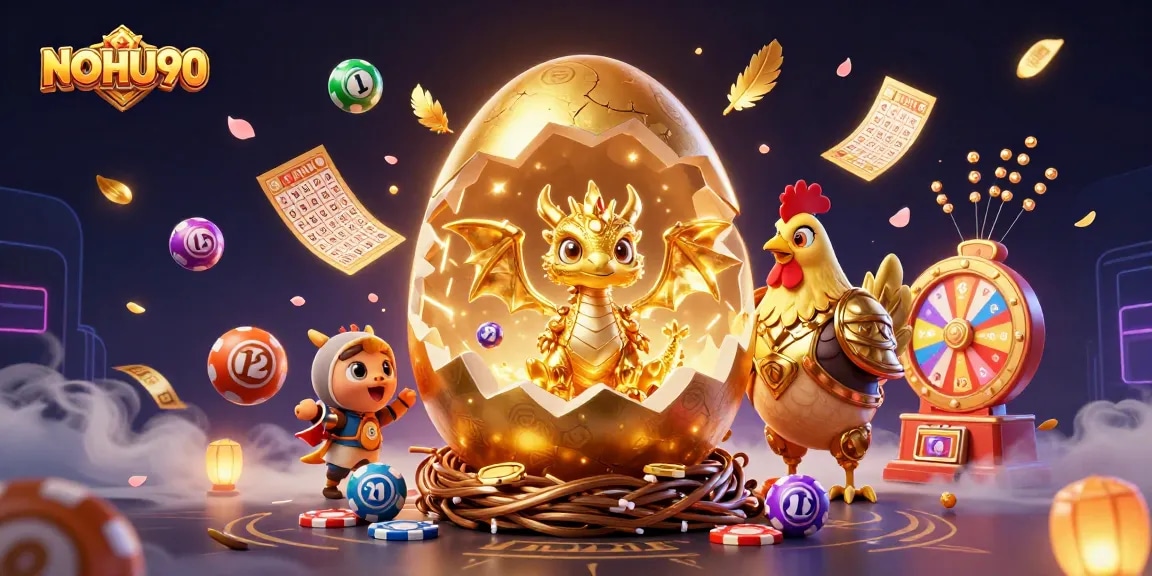 Experience thrilling gameplay with NOHU90's dynamic golden dragon nest amidst a vibrant gambling world.