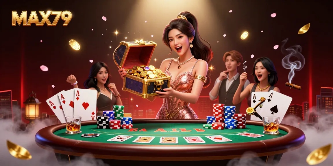 Experience winning at MAX79 with a dazzling treasure chest and poker scene filled with excitement.