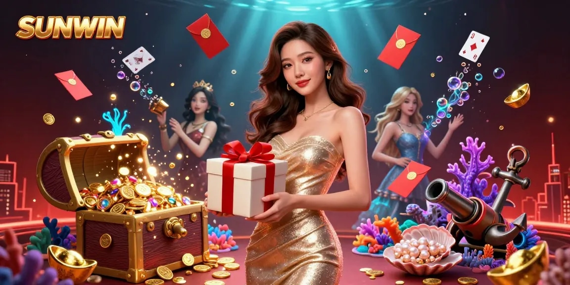SUNWIN celebrates the Lunar New Year with a stunning woman presenting golden coins, surrounded by casino-themed elements.