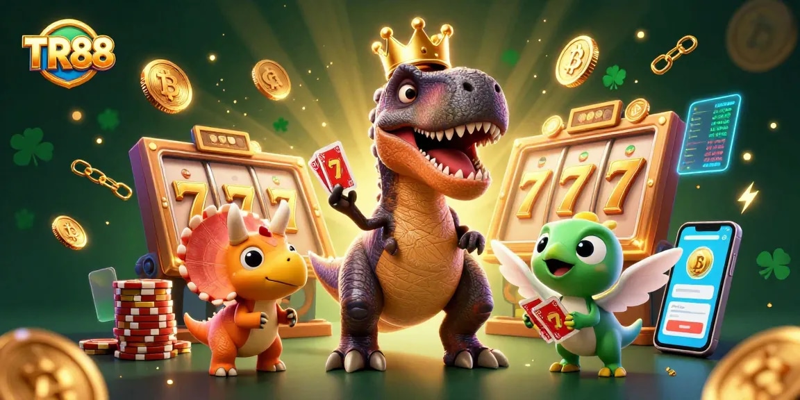 Experience excitement at TR88, where a T-Rex plays cards and coins shimmer in a vibrant casino scene.